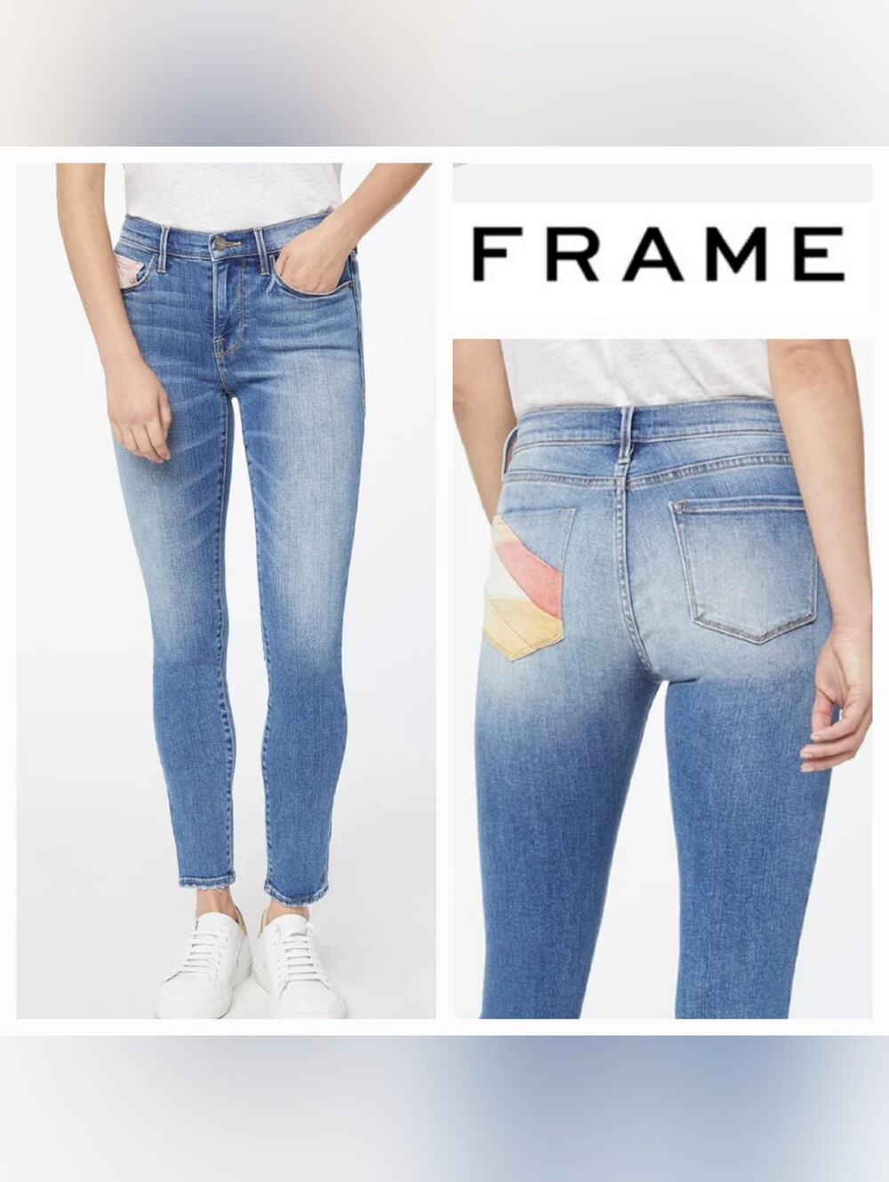 Frame Colorblock Jeans Le Skinny De Jeanne Mid-Rise Willowspring Blue Sz 26